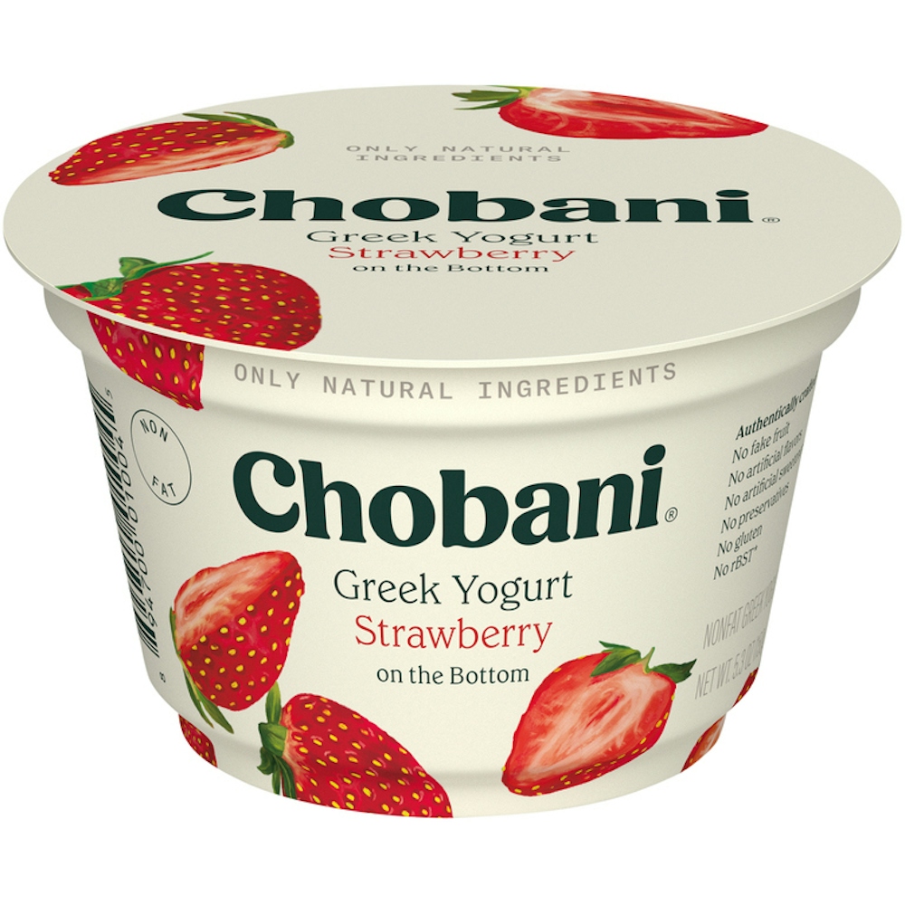 Chobani Yogurt, Greek, Non Fat, Strawberry On The Bottom 5.3 Oz