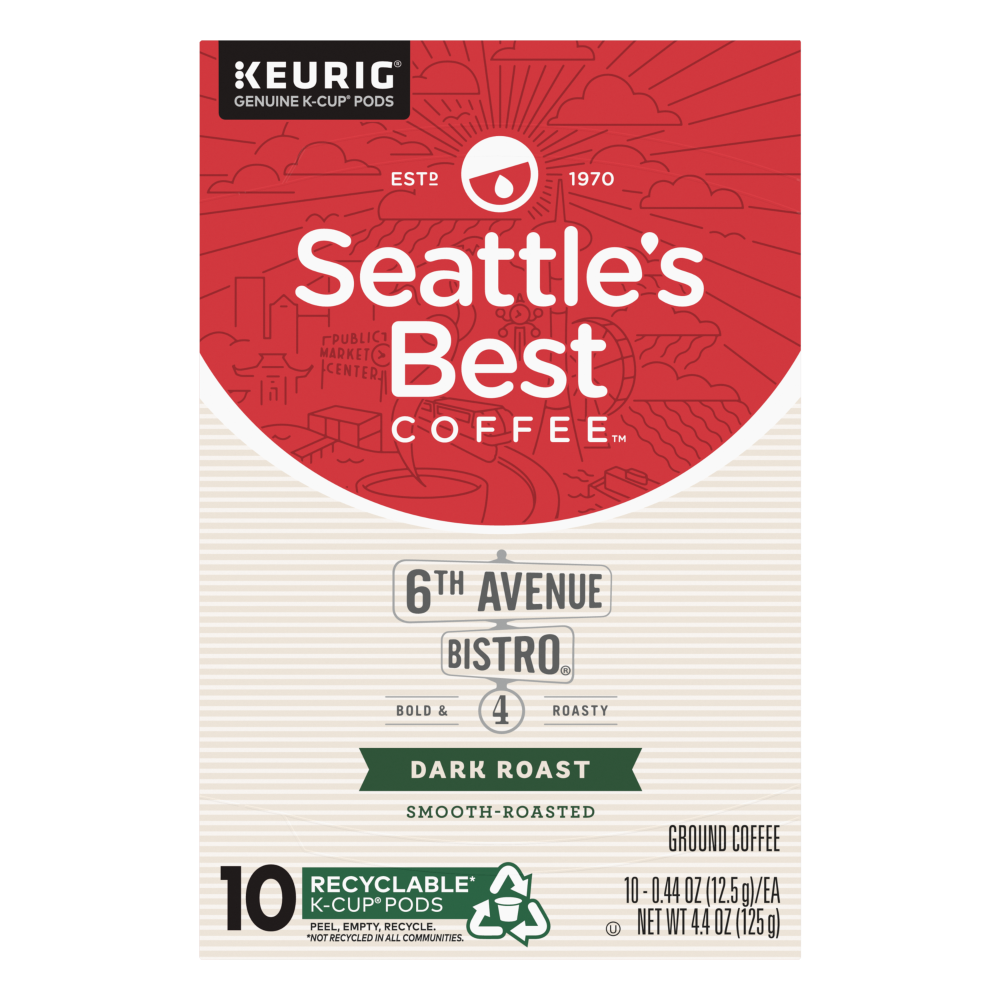Seattle's Best Coffee 6th Avenue Bistro Dark Roast Ground K Cup Pods 10 Ct Box