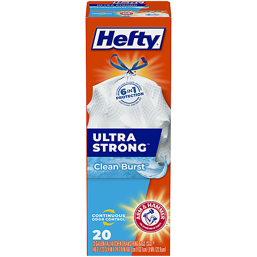 Hefty Ultra Strong 13 Gallon Tall Kitchen Drawstring Bags 20 Ct Clean Burst Box
