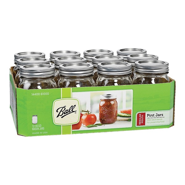 Ball 61000 Regular Mouth Glass Mason Jars With Lids & Bands, Pint