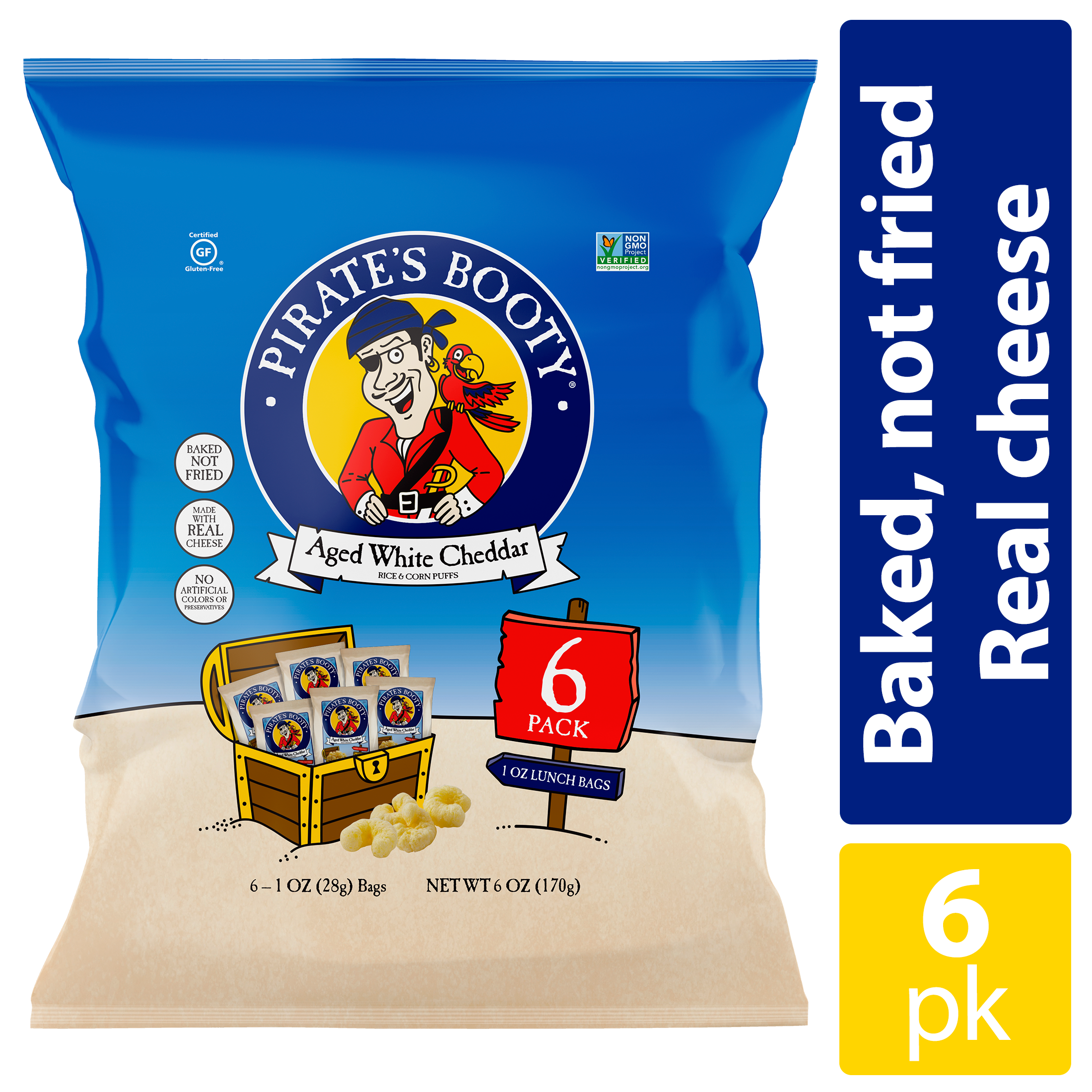 Pirate's Booty Cheese Puffs, Aged White Cheddar, Pack Of 6 1.0oz Individual Snack Bags