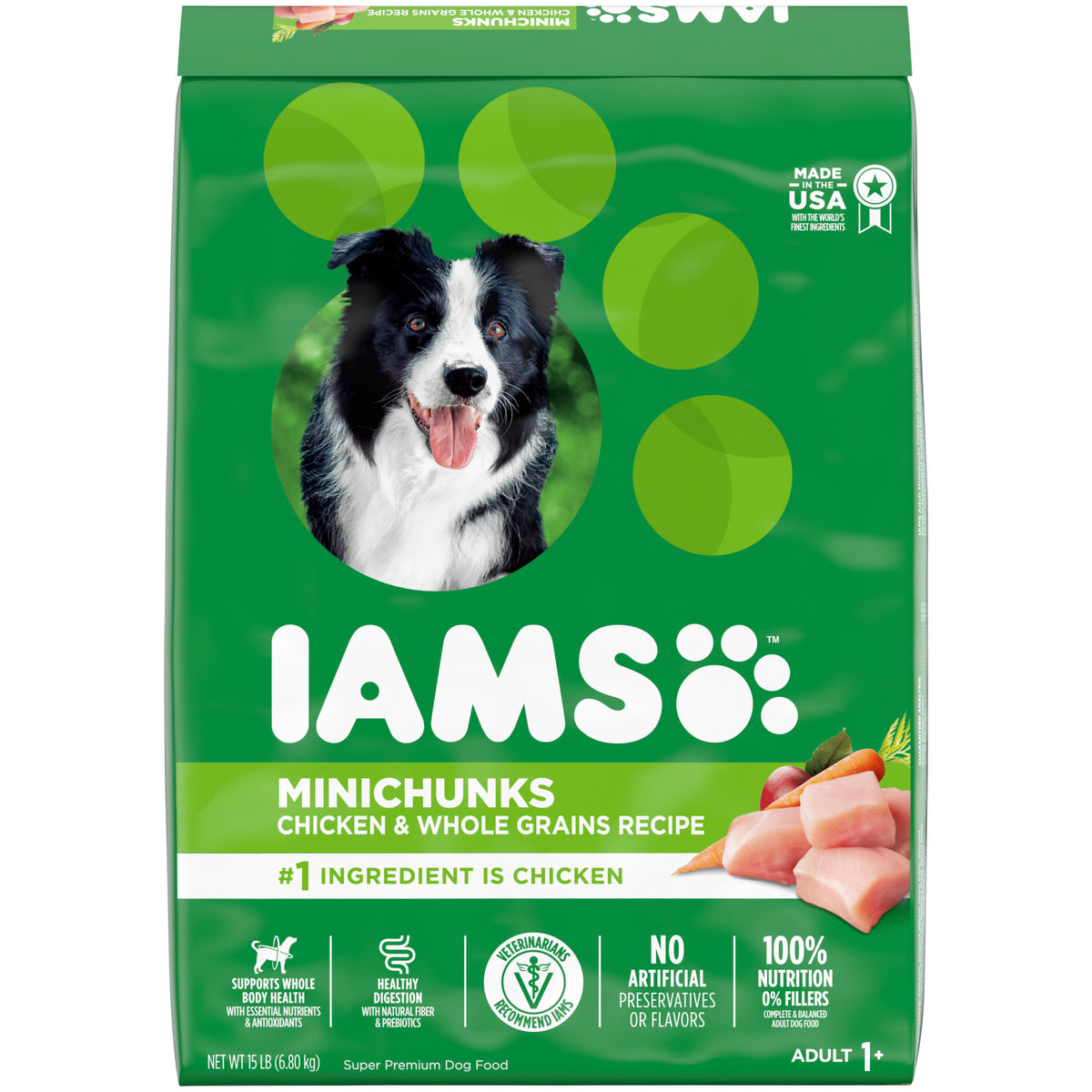 Iams Dog Food, Super Premium, Chicken & Whole Grain Recipe, Minichunks, Adult 1+ 15 Lb