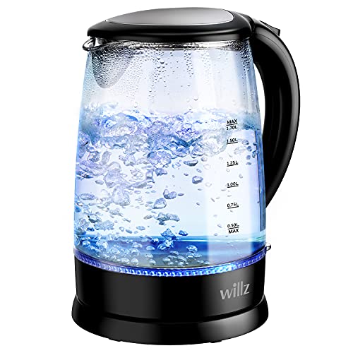 Willz Electric Glass Kettle With Heat Resistant Handle And Cordless Pour, Quick Boil & Auto Shut-Off Technology, Blue Boil Light, 1.7L, 1500 W, Black, WLKE17G1M15