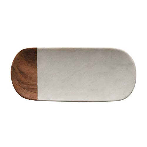 Creative Co-Op White Marble And Acacia Wood Serving Tray White And Natural Cutting Board 12" X 5.25"