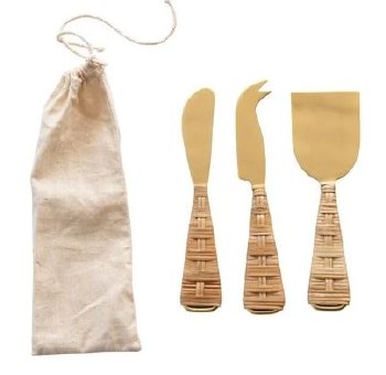 Stainless Steal Cheese Knives In Drawstring Bag, Gold Finish - Set Of 3