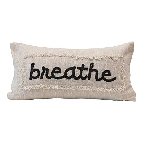 Creative Co-Op Co-Op Embroidered Cotton Breathe With Eyelash Fringe, Cream & Charcoal Color Pillow