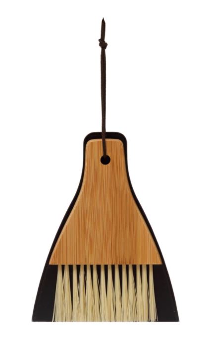 Bamboo Brush & Metal Dust Pan With Leather Tie, Natural & Black