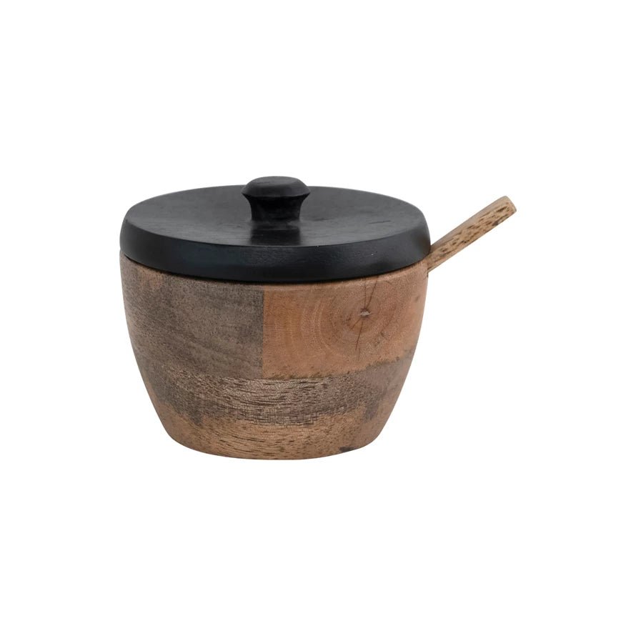 Mango Wood Salt Cellar With Spoon And Black Lid