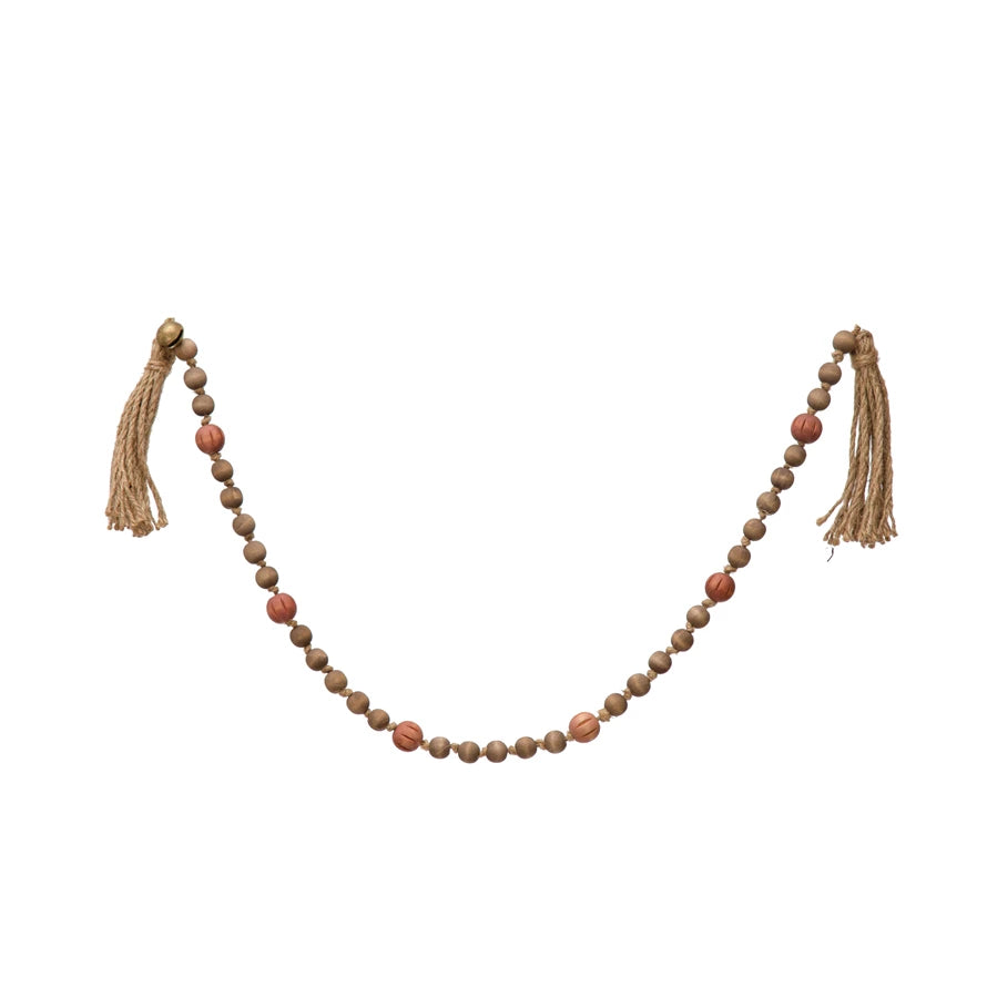 Paulownia Wood Bead Garland With Jingle Bells + Jute Tassels