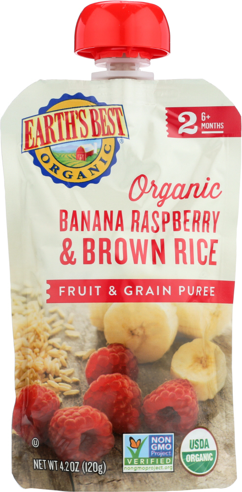 Earth's Best Organic Baby Food - Fruit And Grain Puree - Pouch - Age 6 Months Plus - Stage 2 - Banana Raspberry Brown Rice - 4.2 Oz - Case Of 12