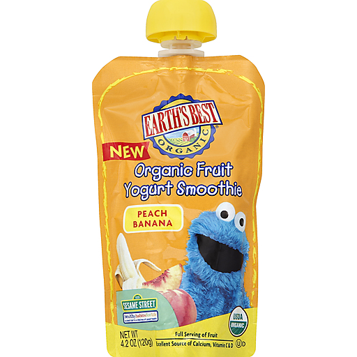 Earth's Best Organic Sesame Street Toddler Fruit Yogurt Smoothie, Peach Banana, 4.2 Oz Pouch