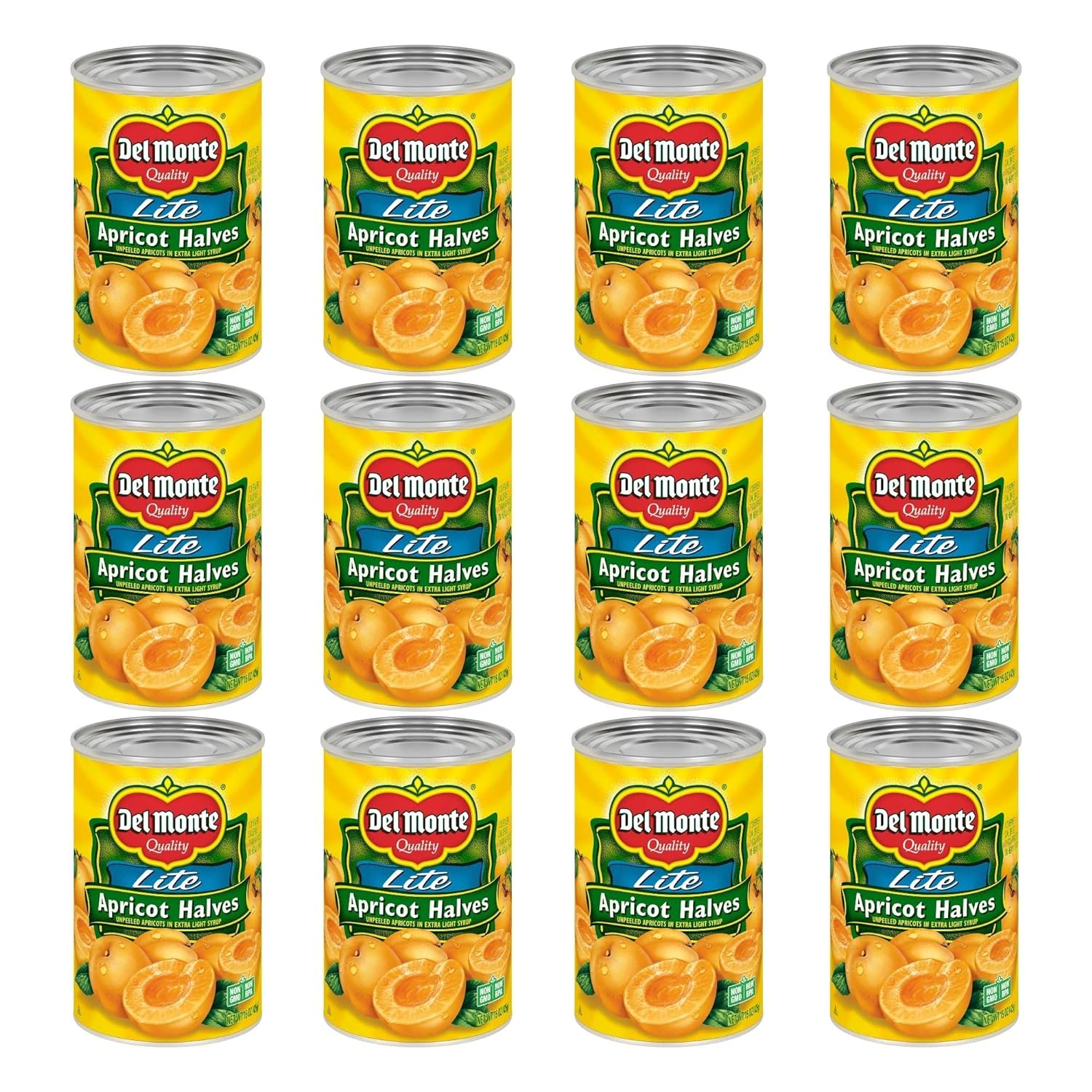 Del Monte Lite Apricot Halves In Extra Light Syrup, Canned Fruit, 12 Pack, 15 Oz Can