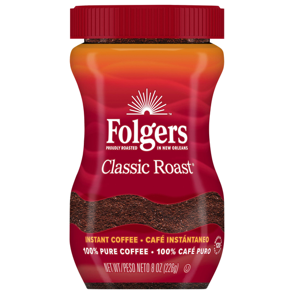 Folgers Classic Roast Instant Coffee Crystals, 8 Ounce Jar