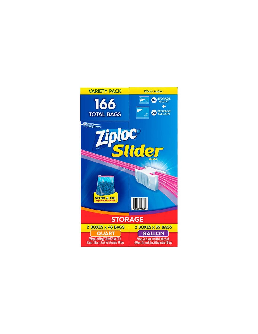 Ziploc Slider Storage Bags 166 Count Variety Pack: Quart , Gallon
