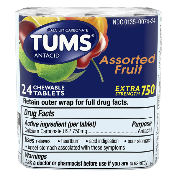 Tums Chewable Antacid Tablets For Extra Strength Heartburn Relief, Assorted Fruit Flavors - 8 Count Rolls