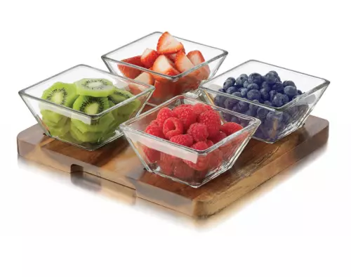 Libbey Square Glass 5pc Relish Serving Set - Wood Base
