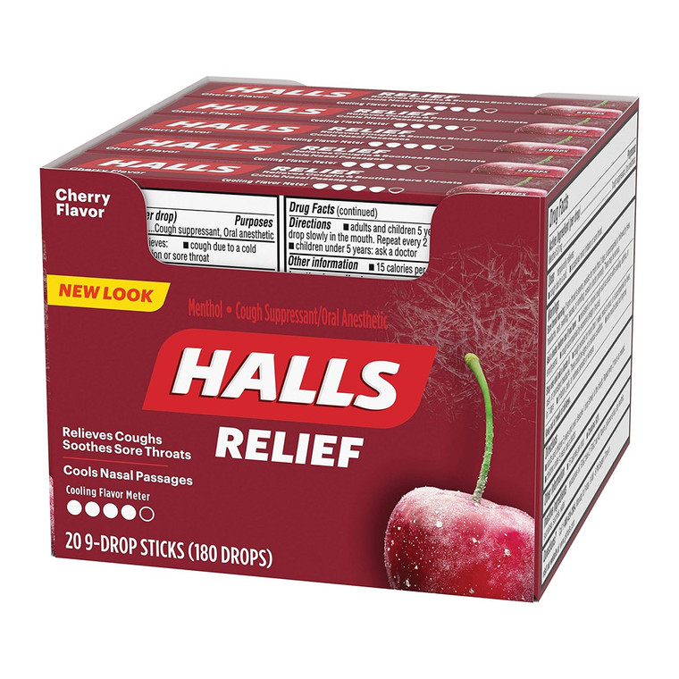 Halls Relief Cherry Flavor Cough Suppressant/Oral Anesthetic Drops 9 Ct Pack