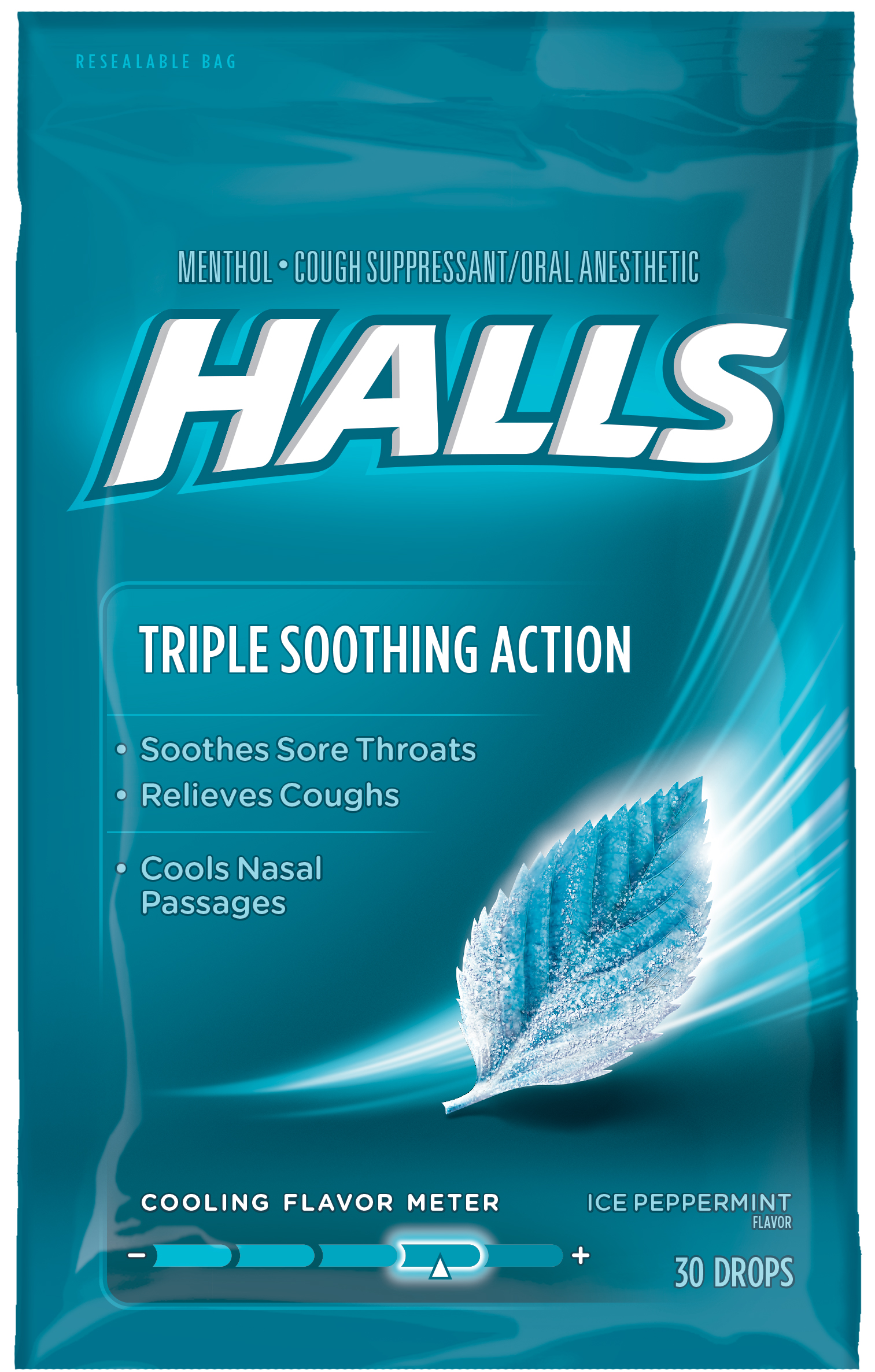 Halls Relief Ice Peppermint Cough Drops, 30 Drops