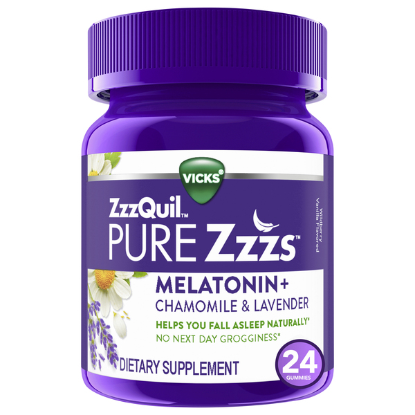 Vicks ZzzQuil PURE Zzzs Melatonin Sleep Aid Gummies, Wildberry Vanilla Flavor, Chamomile Lavender & Valerian Root, 1mg Per Gummy