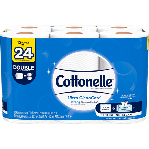 Cottonelle Ultra CleanCare Toilet Paper, Strong Bath Tissue, 12 Double Rolls
