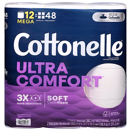 Cottonelle Ultra Comfort Toilet Paper, Strong Bath Tissue, 12 Mega Rolls , 268 Sheets Per Roll