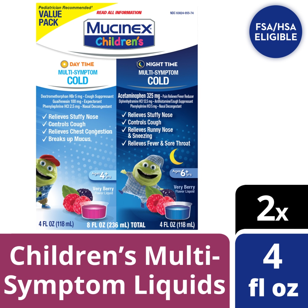 Mucinex Multi-Symptom Cold, Day Time/Night Time, Very Berry Flavor Liquid, Value Pack