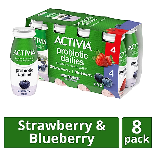 Activia Yogurt Drink, Lowfat, Strawberry/Blueberry Flavor, Probiotic Dailies, 8 Pack