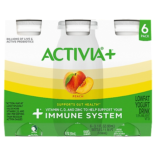 Activia Yogurt Drink, Lowfat, Peach, 6 Pack