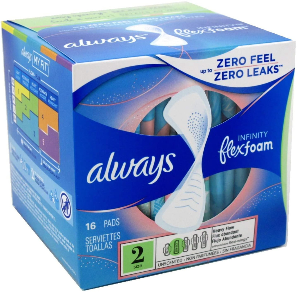 Always Infinity FlexFoam Pads For Women Size 2 Heavy Flow Absorbency With Wings Unscented