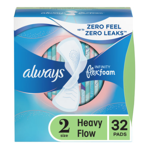 Always Infinity Feminine Pads For Women, Size 2, Heavy Flow Absorbency, With Wings, Unscented, 32 Count - Value