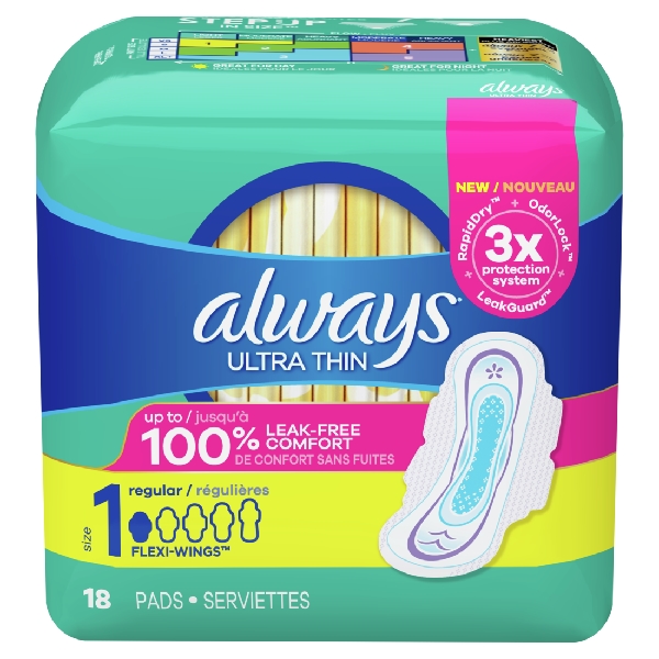 Always Ultra Thin Pads Size 1 Regular Absorbency Unscented W/wings 18s