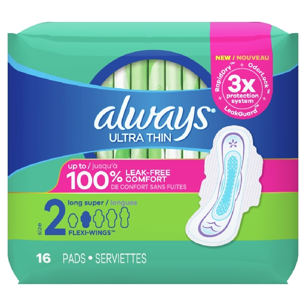 Always Ultra Thin Pads Size 2 Super Long Absorbency Unscented W/wings 16s
