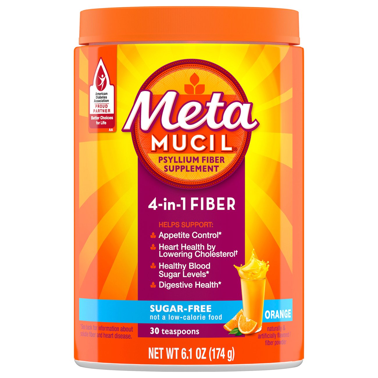 Metamucil Fiber, 4-in-1 Psyllium Fiber Supplement, Sugar-Free Powder, Orange Flavored Drink, 30 Servings