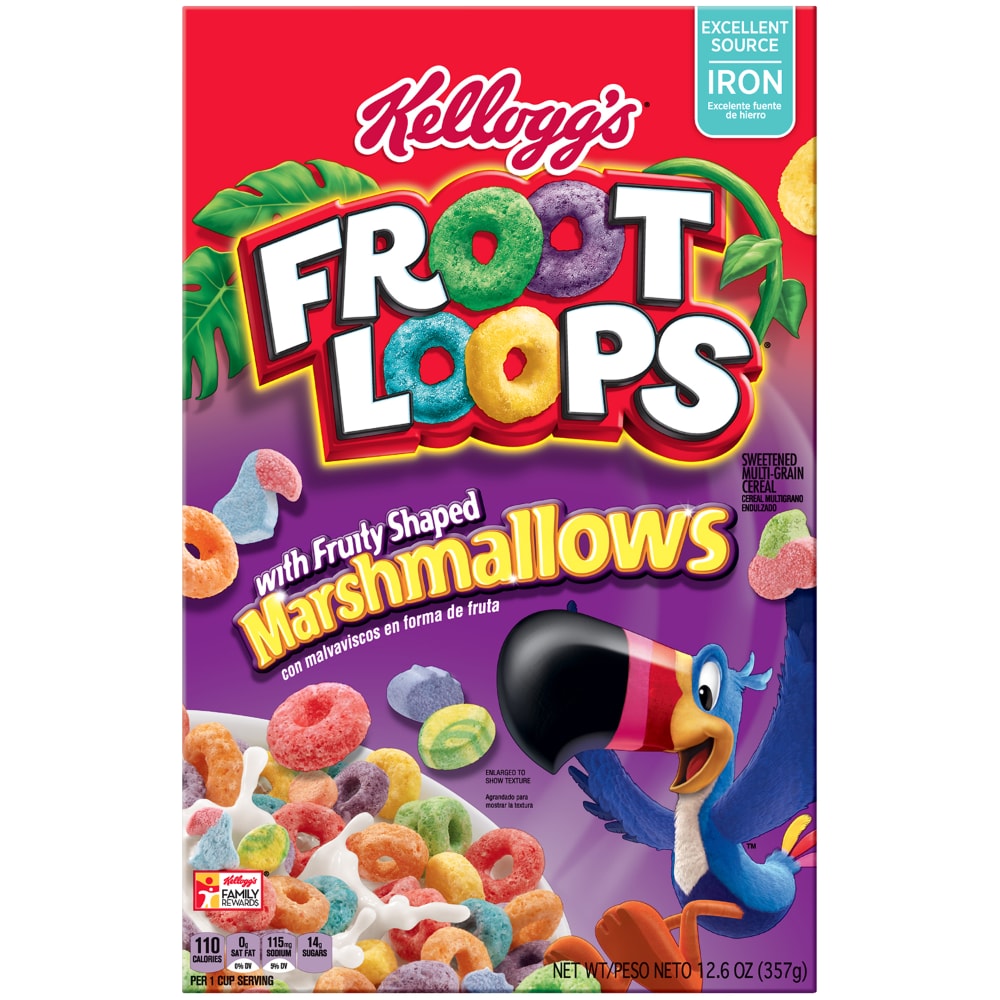 Froot Loops Kellogg’s Breakfast Cereal With Fruity Shaped Marshmallows, Low Fat, 12.6 Oz Box