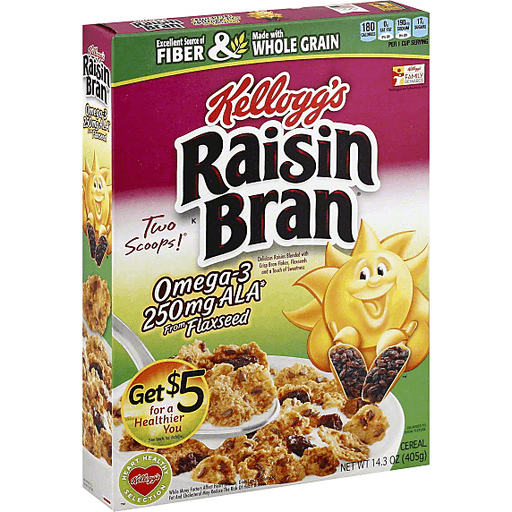 Kellogg's Raisin Bran, Breakfast Cereal, Omega-3 With Flaxseeds, Good Source Of Fiber, 14.3 Oz Box