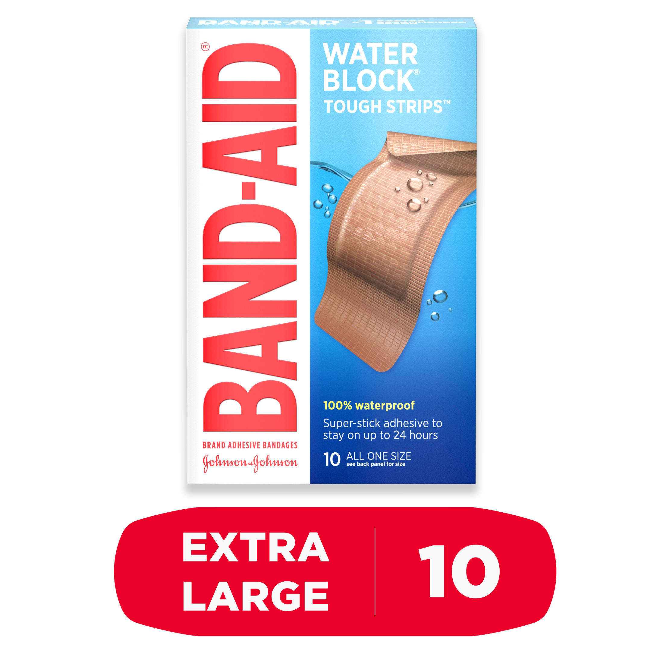 Band-Aid Brand Adhesive Bandages, Waterproof Tough Strips, Extra Large, 10 Bandages