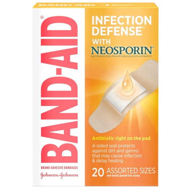 Band Aid Brand Adhesive Bandages Infection Defense With Neosporin Antibiotic Ointment, Pack Of Assorted Sizes, For Wound Care And First
