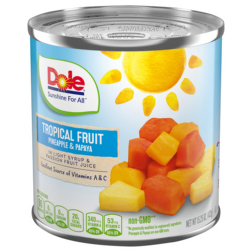 Dole Canned Tropical Fruit In Light Syrup & Passionfruit Juice, Pineapple & Papaya, Gluten Free, Pantry Staples, 15.25 Oz