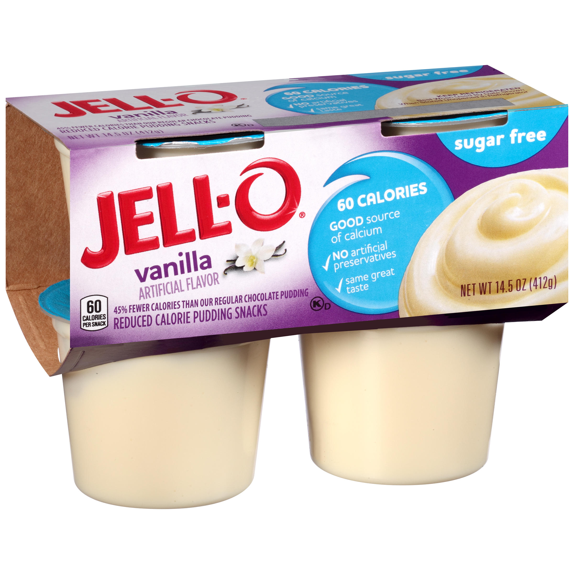 Jell-O Vanilla Sugar Free Pudding Snacks, 4 Ct Cups