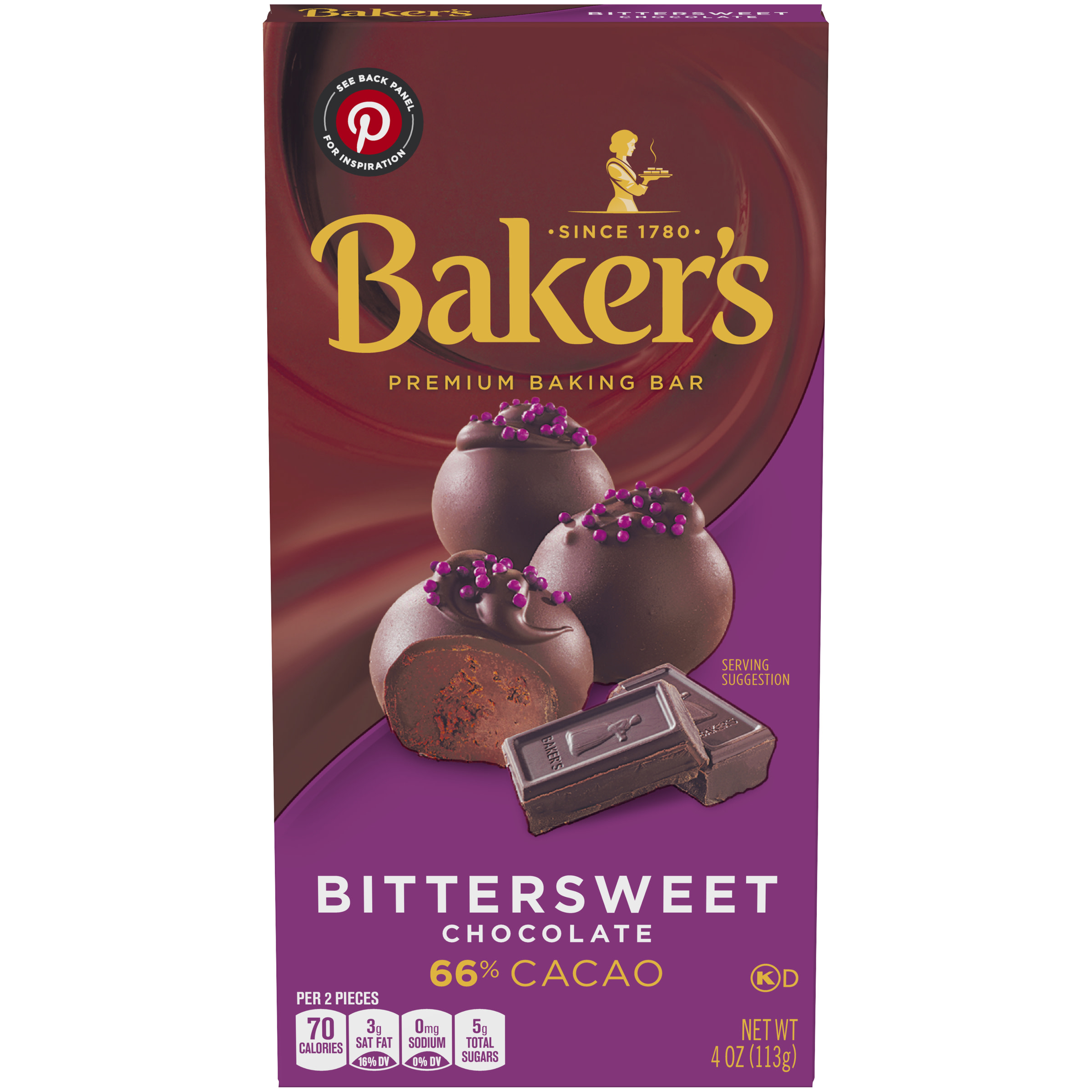 Baker's Bittersweet Chocolate Premium Baking Bar 66% Cacao, 4 Oz Box