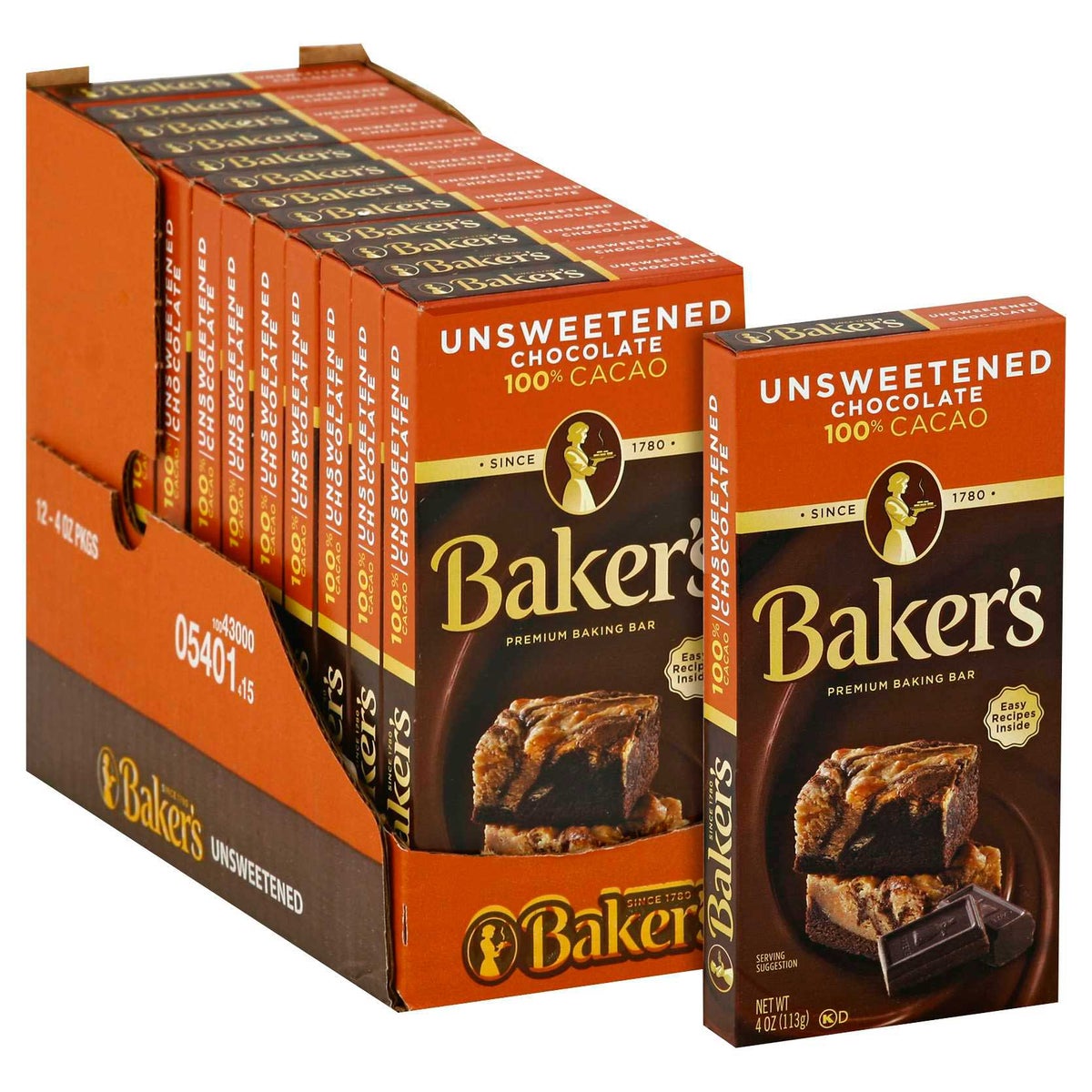 Baker's Unsweetened Chocolate Premium Baking Bar 100% Cacao, 4 Oz Box