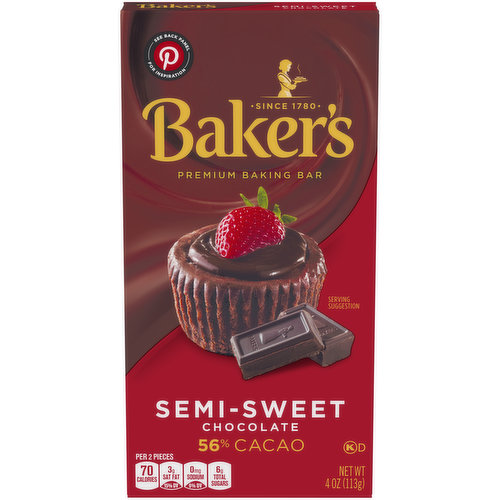 Baker's Semi-Sweet Chocolate Premium Baking Bar 56% Cacao, 4 Oz Box
