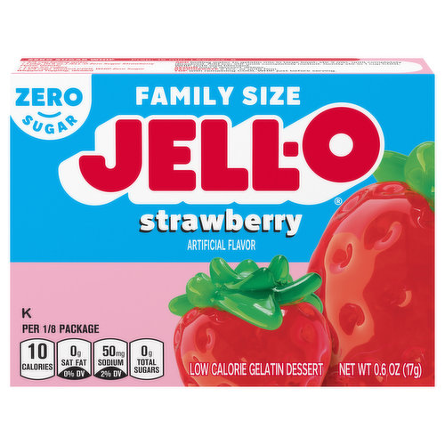 Jell-O Strawberry Artificially Flavored Zero Sugar Low Calorie Gelatin Dessert Mix, Family Size, 0.6 Oz Box