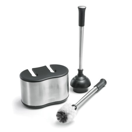 Polder Toilet Brush And Plunger Bath Caddy – Replacement Brush Head Included - Stainless Steel & Black