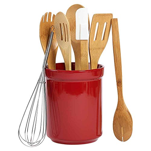 Basic Essentials Kitchen Utensil And Crock Collection- Ceramic Crock Wooden Spoons Spatulas Whisk Tongs, 8 Piece Red Ceramic Tub Of Tools