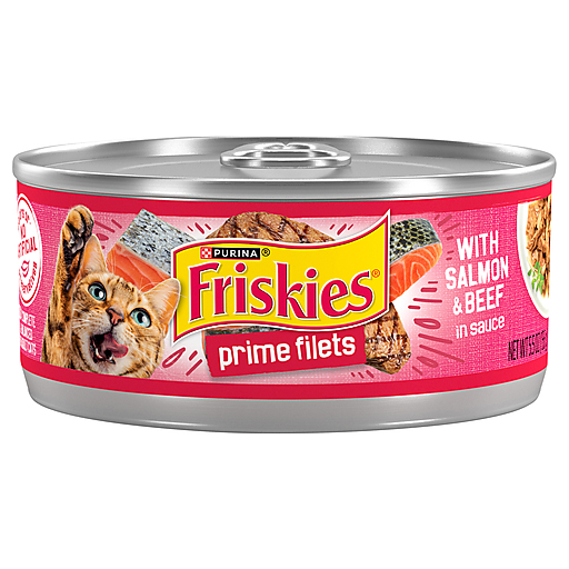 Friskies Purina Wet Cat Food, Prime Filets With Salmon & Beef In Sauce - 5.5 Oz. Can