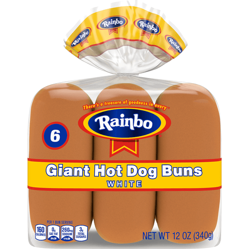 Rainbo Giant Hot Dog Buns White, 6 Count, 12 Oz