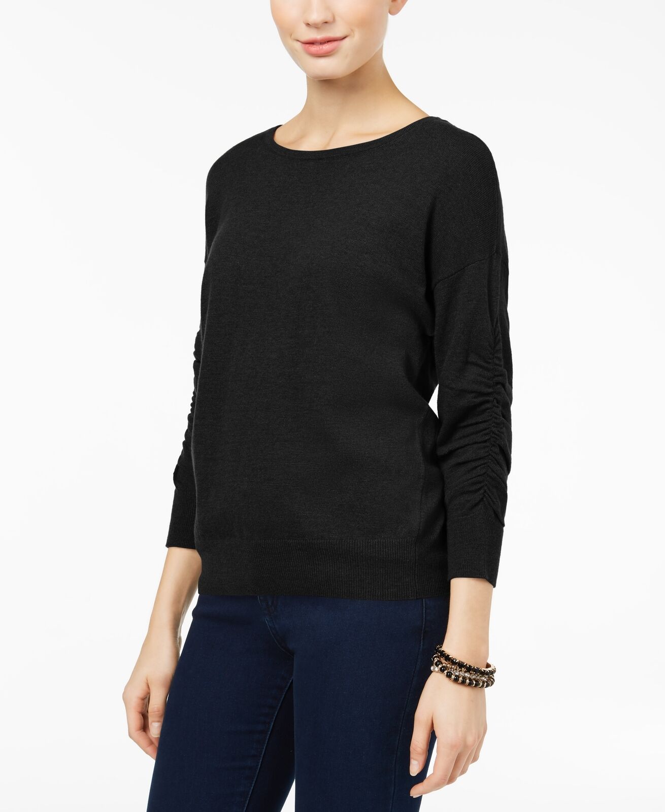 Petite Ruched Sleeve Sweater Deep Black PS