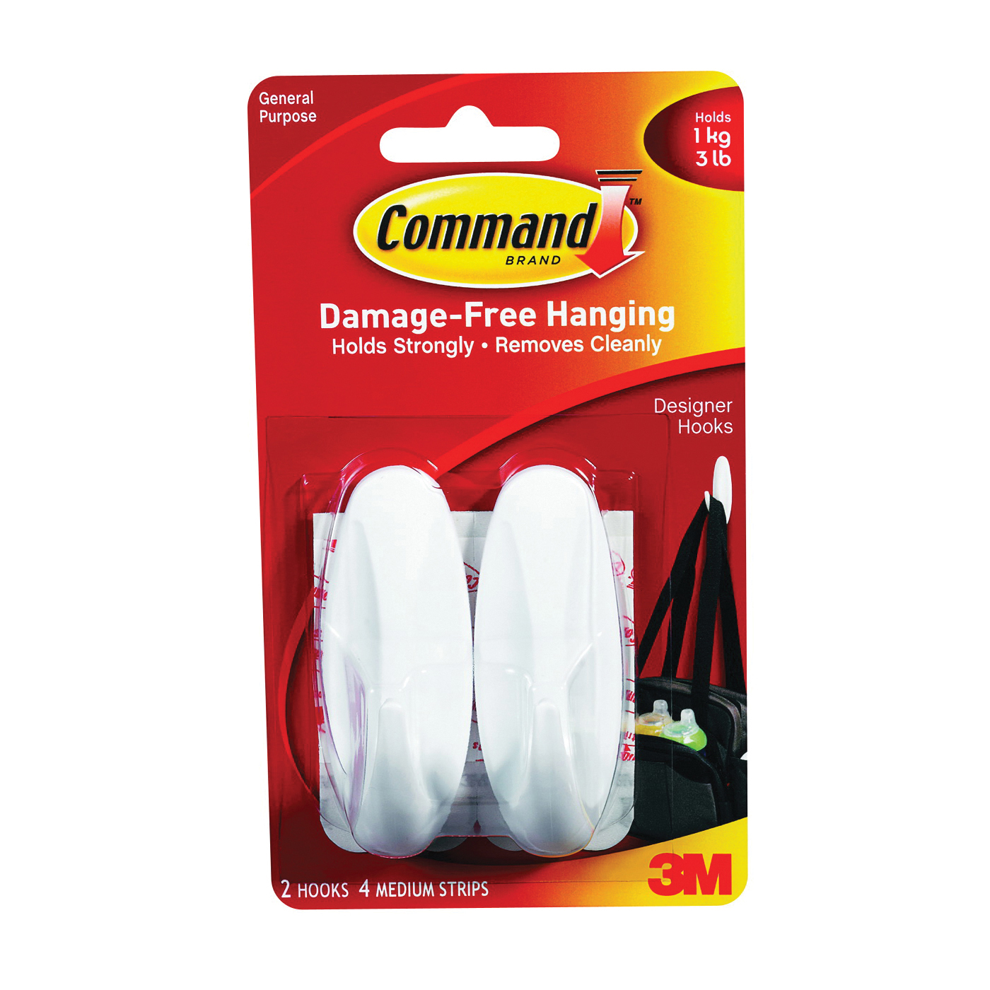 Command General Purpose Designer Hooks, Medium, Plastic, White, 3 Lb Capacity, 2 Hooks And 4 Strips/Pack (17081ES)