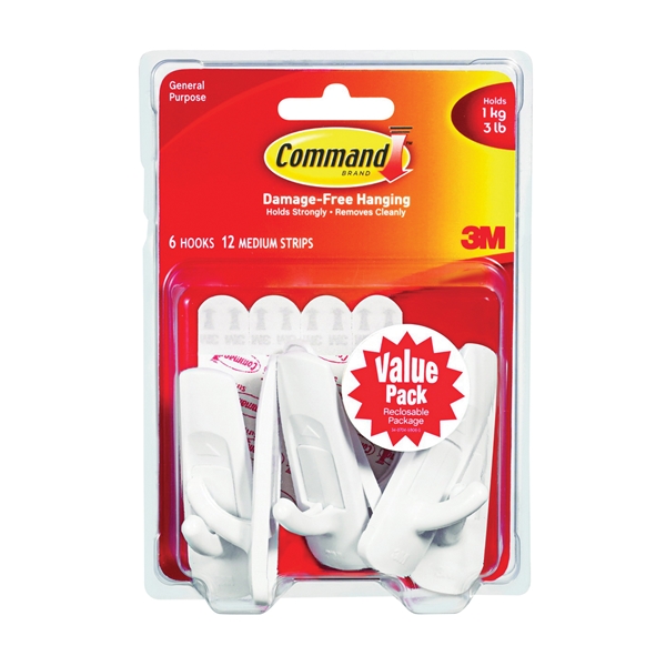 Command Hooks Value Pack, White, Medium, 6 Hooks, 12 Strips/Pack